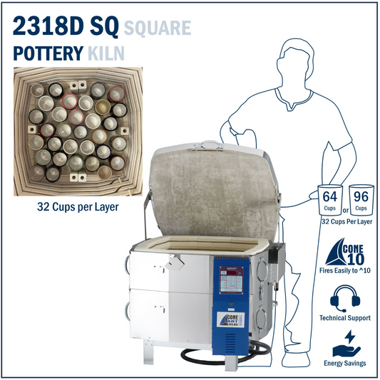 Square pottery kiln with capacity details and features on kiln size.