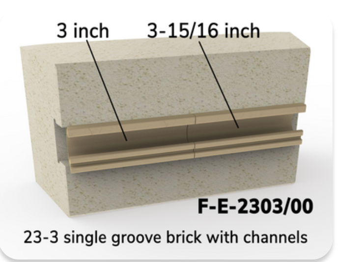 This brick is used was a channel/side brick. This brick is for all Easy-Fire e23S-3, e23M-3 & e23T-3 and Jupiter J23-3, J230-3, J236-3, J245-3, JD23-3, JD230-3, JD236-3, JD245-3, and School-Master SM23T-3 kilns. 3" Brick with Element Channels.