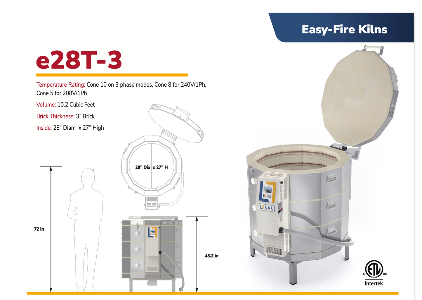 Easy-Fire Kilns e28T-3 with dimensions and features on kiln size.
