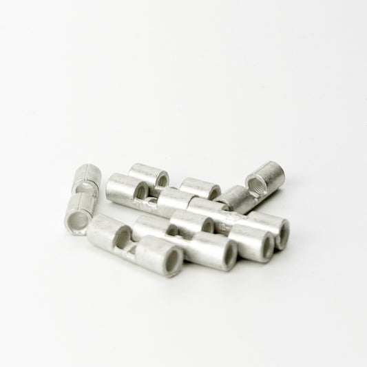 Butt connectors commonly used on Skutt kilns where the element wire connects to the feeder wire feeder with a crimp connection. Set of eight is enough for 2 section kilns.