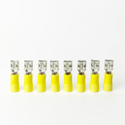 Female spade connectors commonly used on kilns where feeder wires connect to the relays. Set of eight is enough for 2 section kilns 