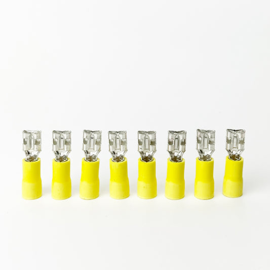 Female spade connectors commonly used on kilns where feeder wires connect to the relays. Set of eight is enough for 2 section kilns 