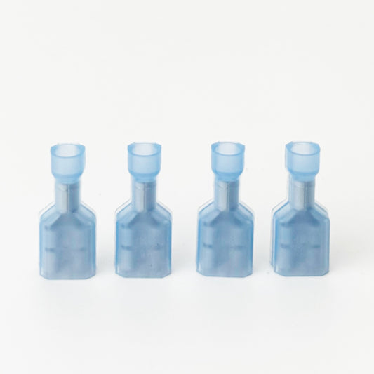 Female spade connectors commonly used on kilns where feeder wires connect to the power terminal strip in the control box. Set of four is enough for 2 section kilns.
