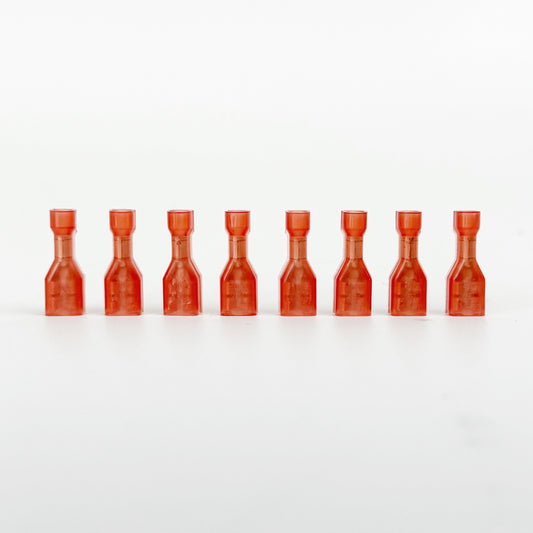 Female spade connectors commonly used on kilns for connection to control side of relays and other control wiring connections including connections to the kilns transformer, fuse, and control board. If you need enough connectors for the entire kiln you will need 3 kits. These connectors also work on many other kilns where 18-22 AWG connectors of this type are needed - typically for low voltage (12V) control wiring.