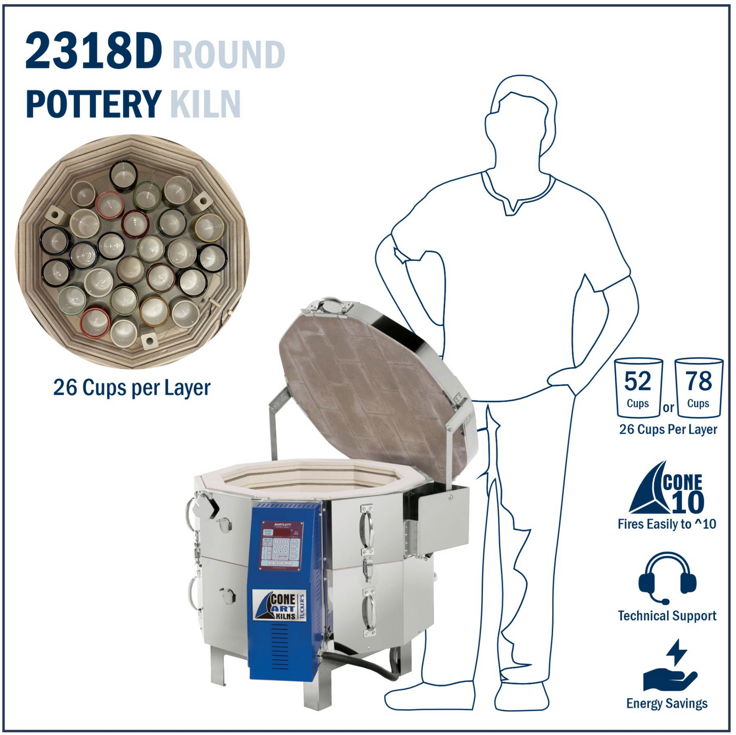 2318D Round Pottery Kiln with capacity details and features about kiln size. 