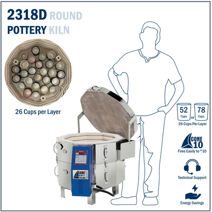 2318D Round Pottery Kiln with capacity details and features about kiln size. 