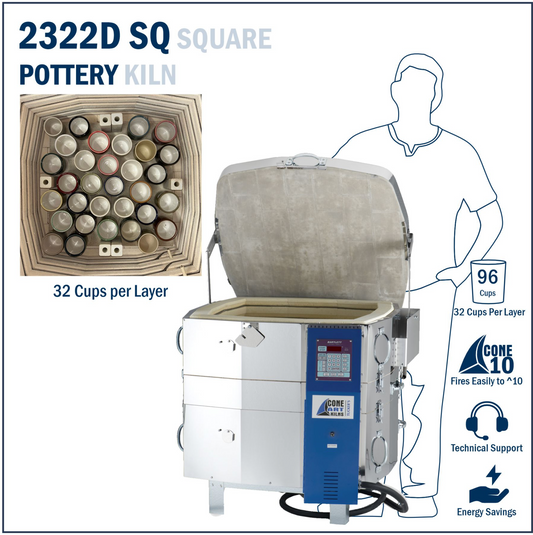 Square pottery kiln with features highlighted on kiln size.