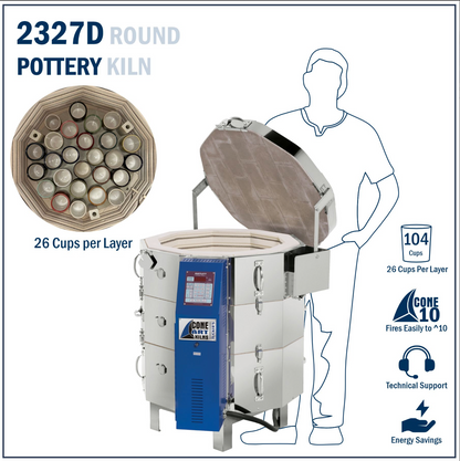 2327D Round Pottery Kiln with features listed about kiln size. 