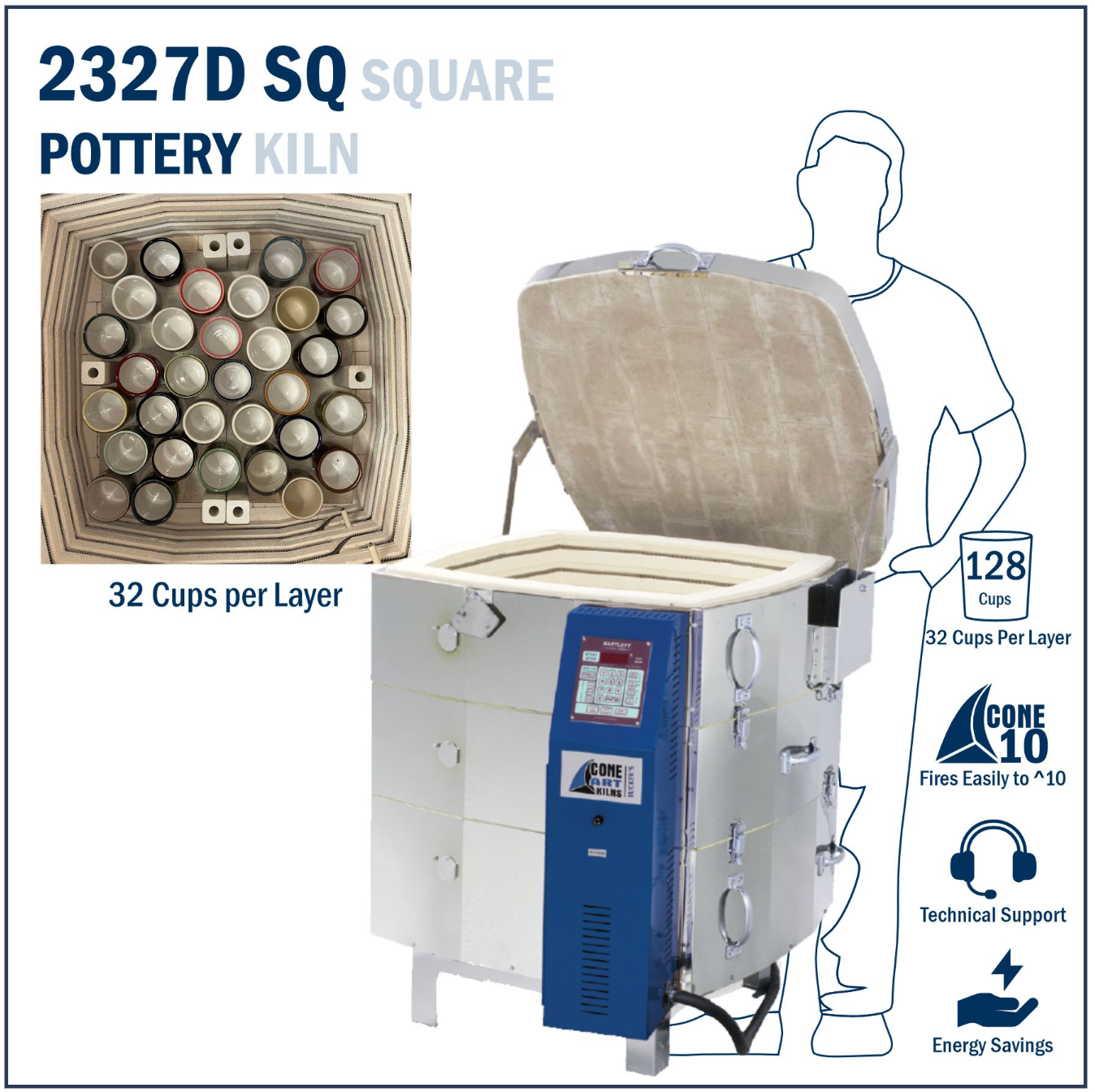 2327D Square Pottery Kiln with features and specifications on kiln size.