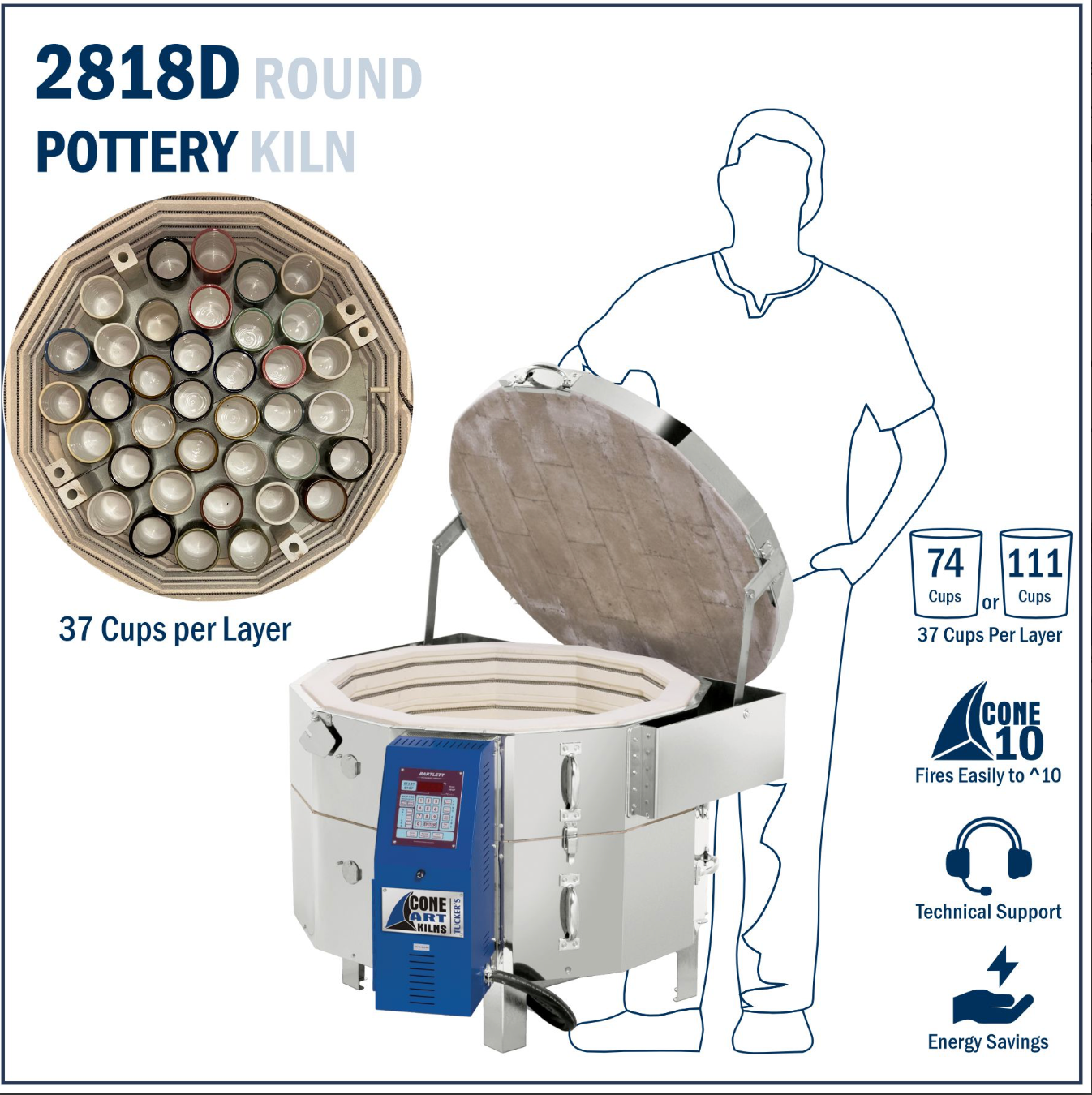 2818D Round Pottery Kiln with technical specifications and features on kiln size. 