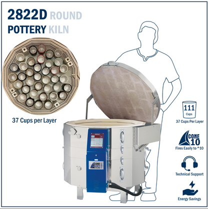 2822D Round Pottery Kiln with features listed on kiln size. 