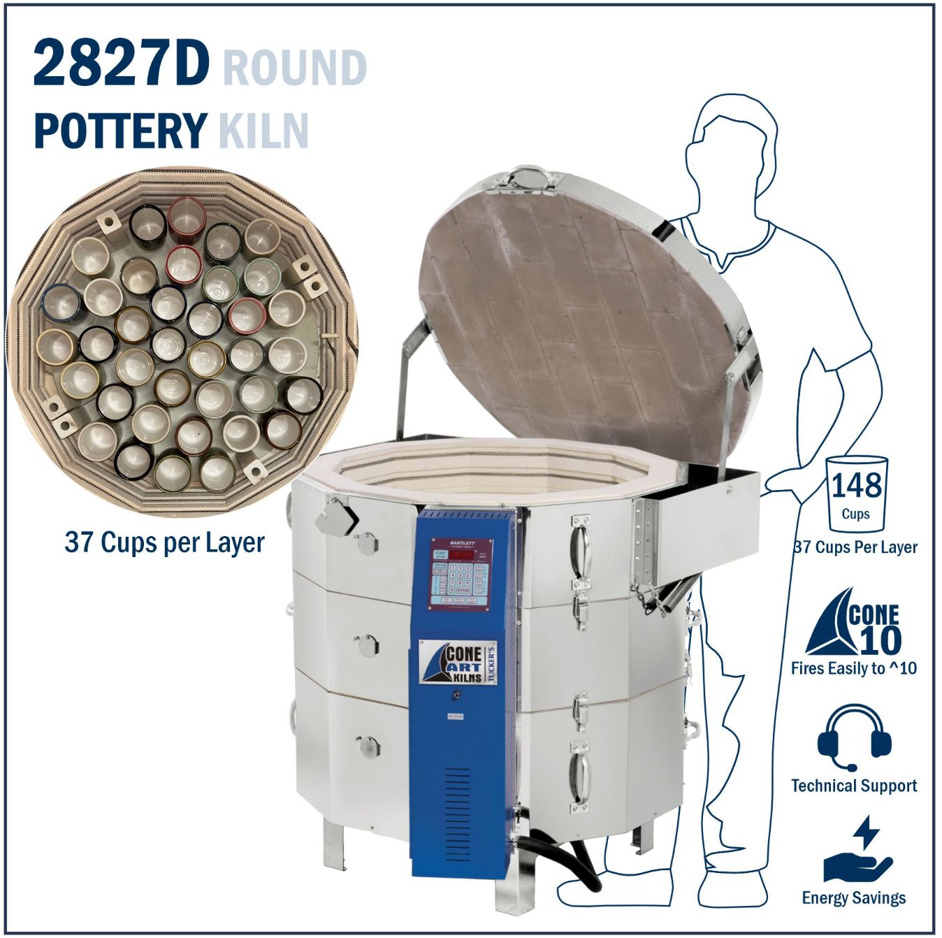 2827D Round Pottery Kiln with technical specifications on kiln size. 