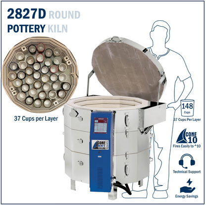 2827D Round Pottery Kiln with technical specifications on kiln size. 