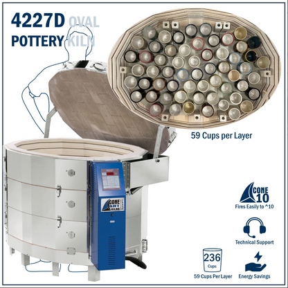 Oval kiln with ceramic cups inside, labeled 4227D Pottery Kiln, on kiln size. 