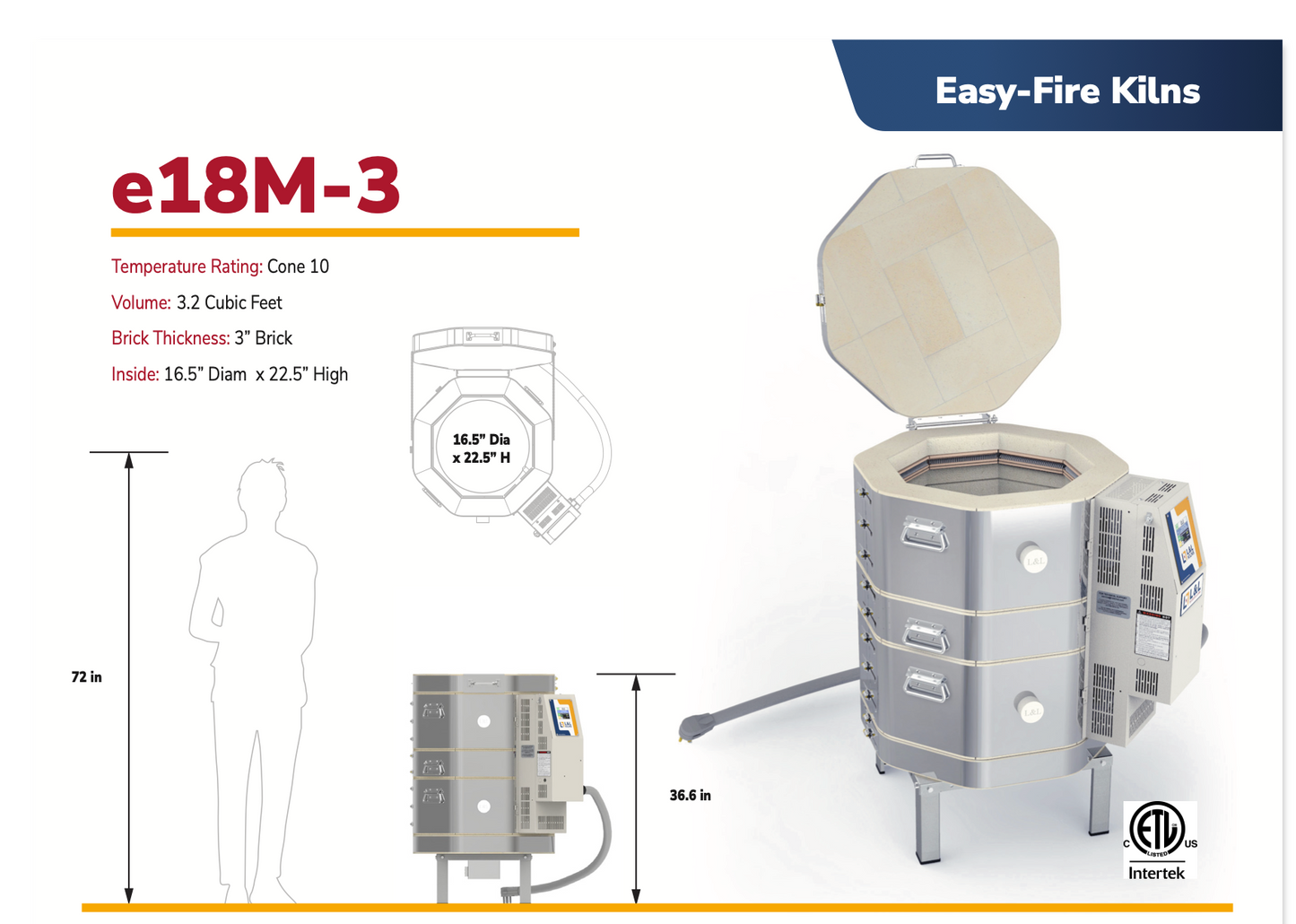 Easy-Fire Kilns e18M-3 with dimensions and features.