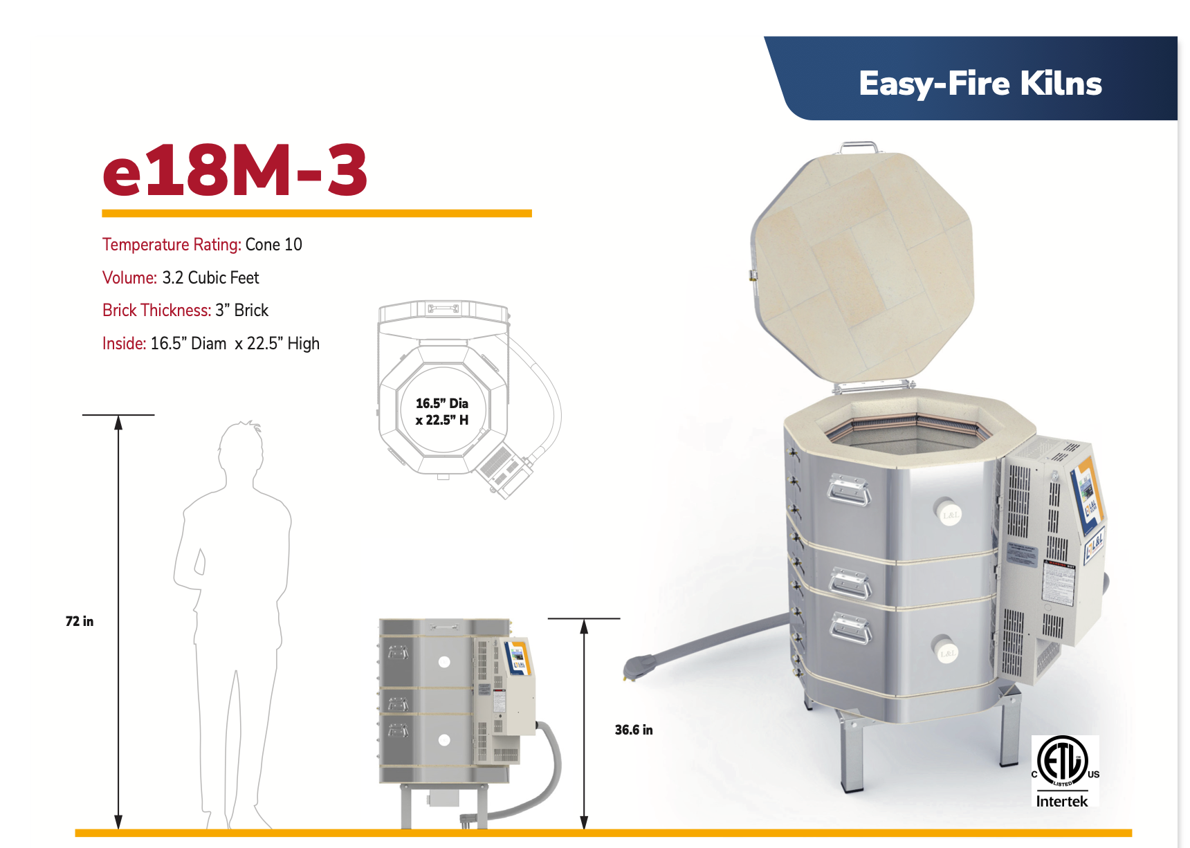 Easy-Fire Kilns e18M-3 with dimensions and features.