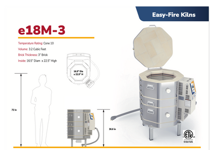 Easy-Fire Kilns e18M-3 with dimensions and features.