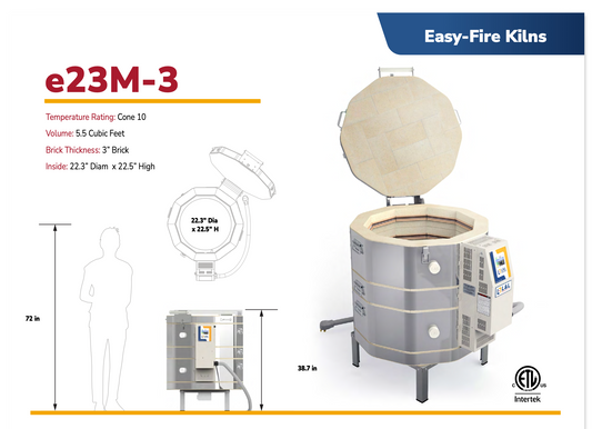 Easy-Fire Kilns e23M-3 with dimensions and features on kiln size. 