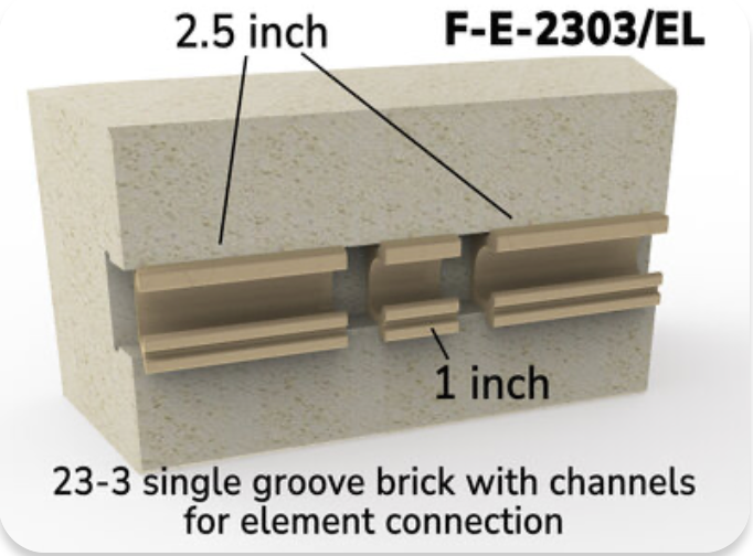 This brick is used where the element enters and exits the kiln. This brick is for all Easy-Fire e23S-3, e23M-3 & e23T-3 and Jupiter J23-3, J230-3, J236-3, J245-3, JD23-3, JD230-3, JD236-3, JD245-3, and School-Master SM23T-3 kilns. 3" Brick with element channels. 