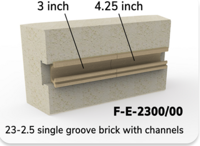 This brick is used as a channel/side brick. This brick is for All Easy-Fire e23S, e23M & e23T, Jupiter J23, J230, J236, J245, JD23, JD230, JD236, JD245, and School-Master SM23T kilns. 2-1/2" Brick Kilns with Element Holders.