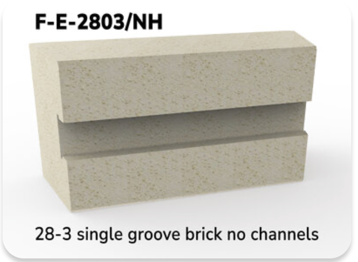 This brick is used as a channel/side brick. This brick is for all Easy-Fire e28S-3, e28M-3 & e28T-3, and School-Master SM28-3 kilns. 3" Brick, single groove without element channels.
