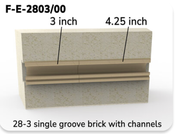 This brick is used was a channel/side brick. This brick is for all Easy-Fire e28S-3, e28M-3 & e28T-3, and School-Master SM28T-3 kilns. 3" Brick with Element Channels - The unit includes one 3" Brick with a full line of Element Holders (One 3" & One 4-1/4" Channels)