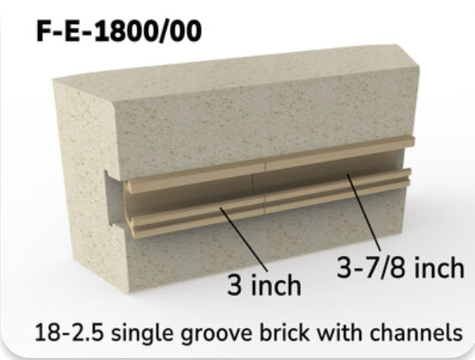 This brick is used as a channel/side brick. This brick is for Easy-Fire e18S, e18T, Jupiter J18, J18X, JD18, and JD18X, and Liberty-Belle LB18 Kilns. 2-1/2" Brick with Element Channels- Unit includes one 2-1/2" Brick with a full line of Element Channels (One 3" & One 3-15/16" Channels)
