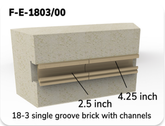 This brick is used was a channel/side brick. This brick is for Easy-Fire e18S-3 & e18T-3, and Liberty-Belle LB18-3 Kilns. 3" Brick with Element Holders - Unit includes one 3" Brick with a full line of Element Holders (One 2.5" & One 4.25" Holder)
