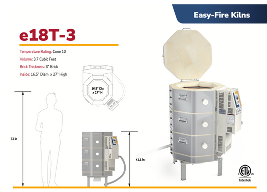 Easy-Fire Kilns e18T-3 with dimensions and features on kiln size. 