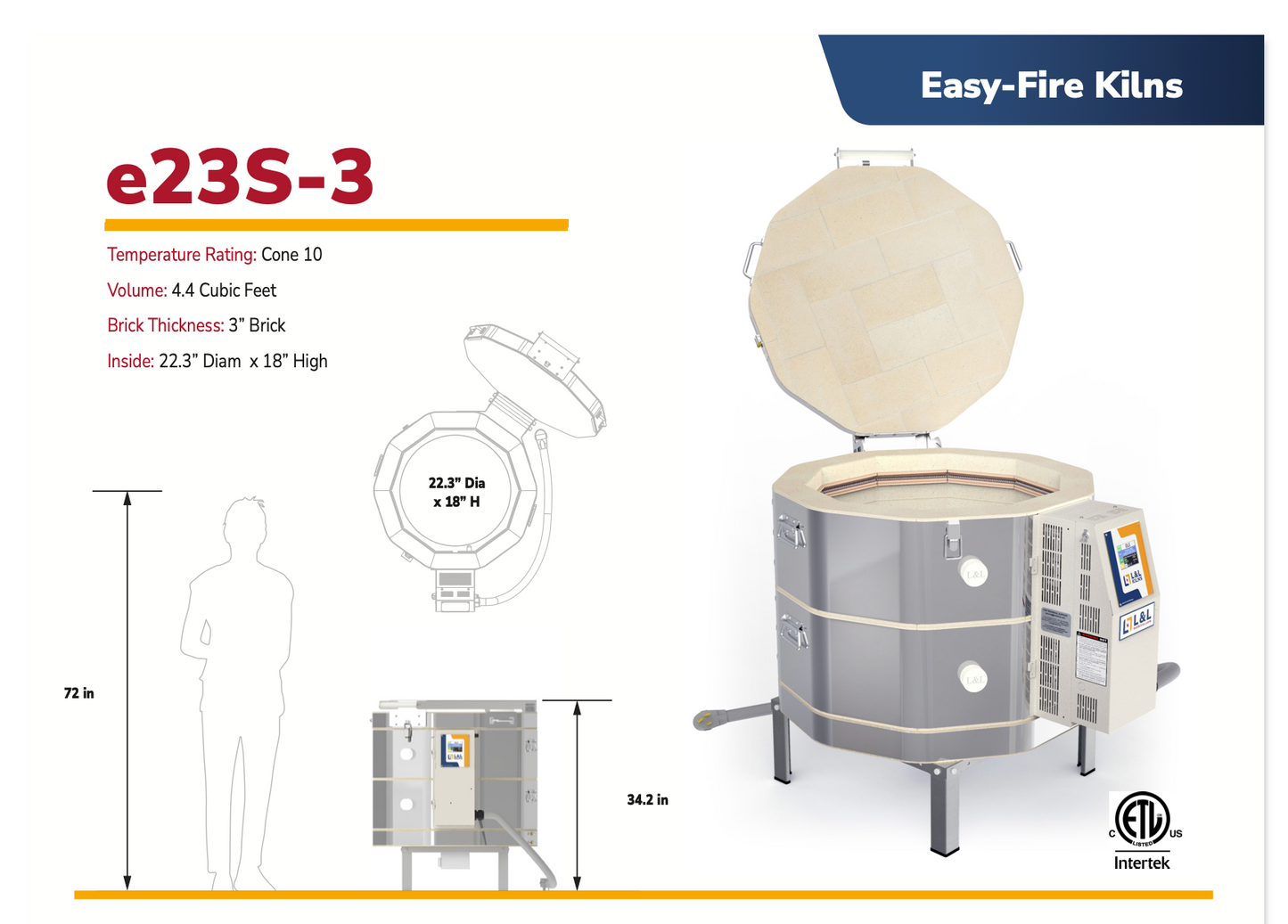 Easy-Fire Kilns e23S-3 product with dimensions and features on kiln size. 