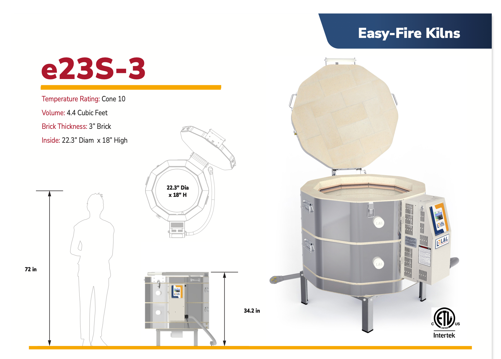 Easy-Fire Kilns e23S-3 product with dimensions and features on kiln size. 