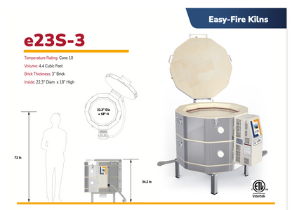 Easy-Fire Kilns e23S-3 product with dimensions and features on kiln size. 