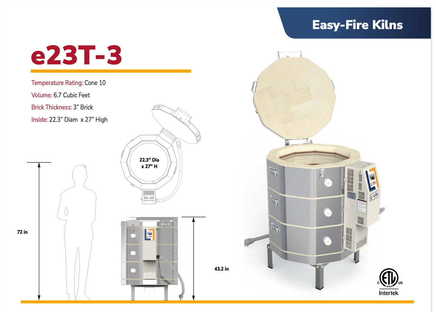 Easy-Fire Kilns e23T-3 product with dimensions and features on kiln size. 