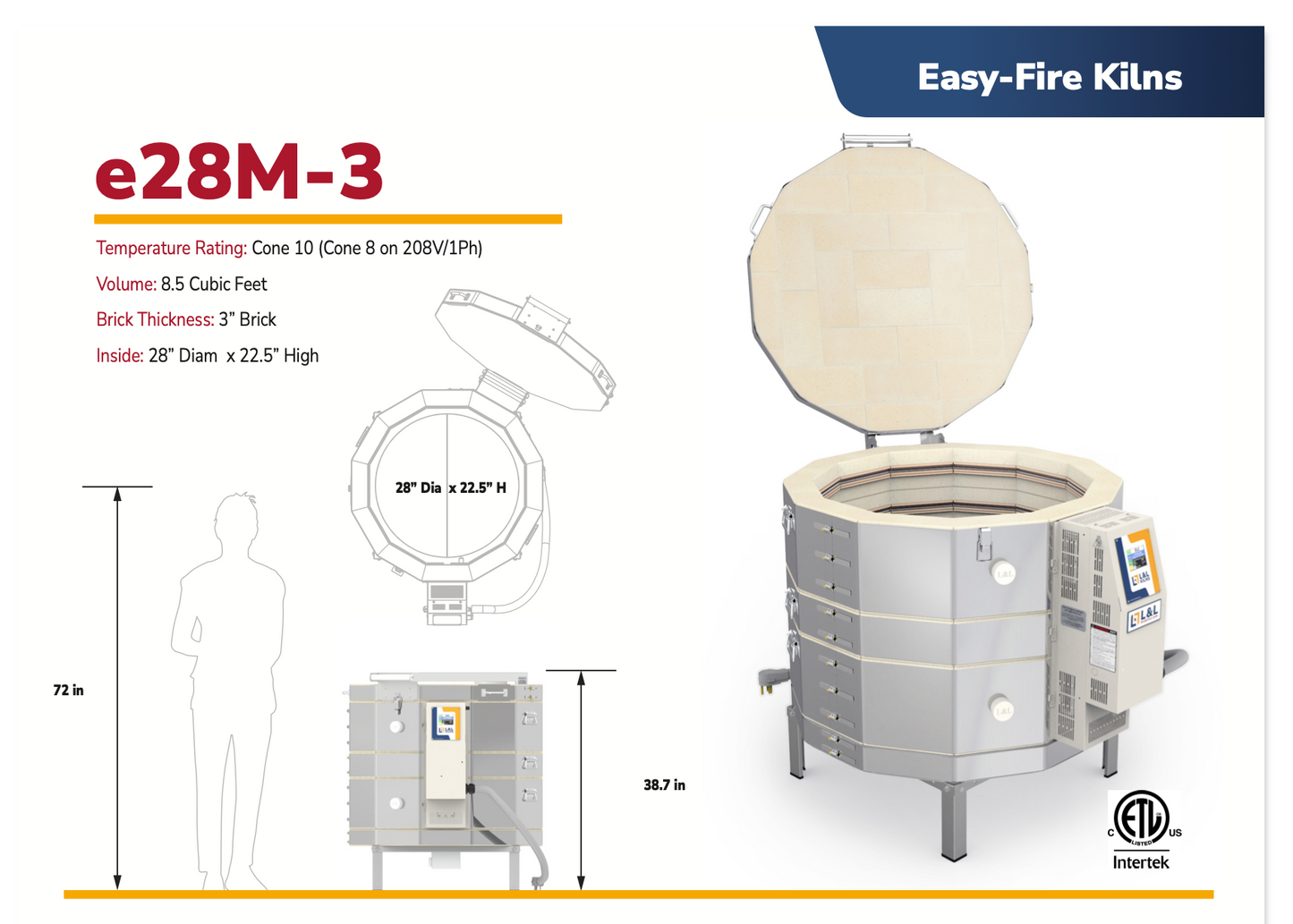 Easy-Fire Kilns e28M-3 product with dimensions and features on a kiln size. 