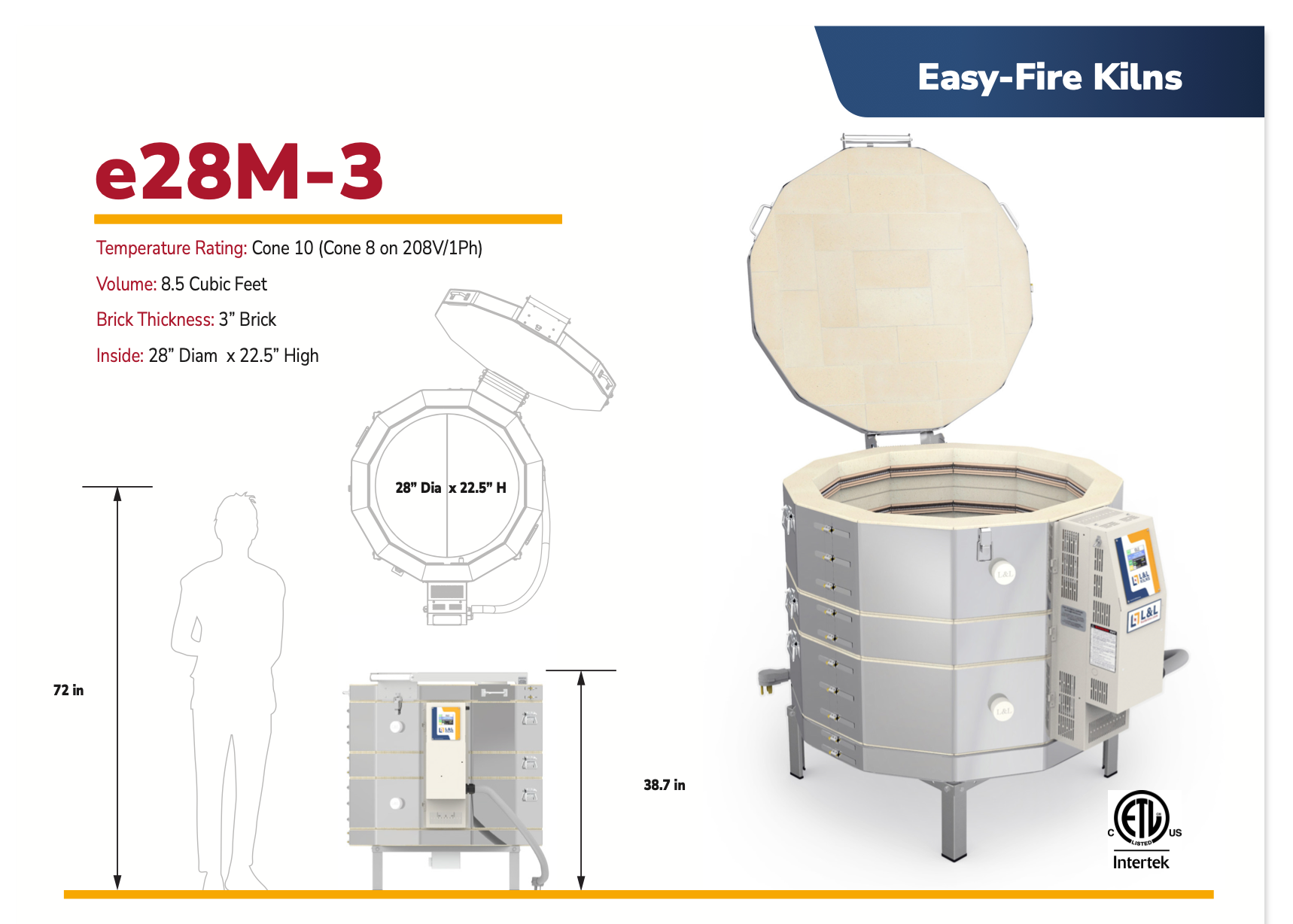 Easy-Fire Kilns e28M-3 product with dimensions and features on a kiln size. 