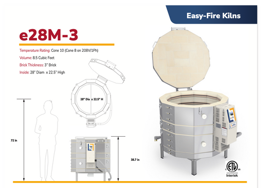 Easy-Fire Kilns e28M-3 product with dimensions and features on a kiln size. 