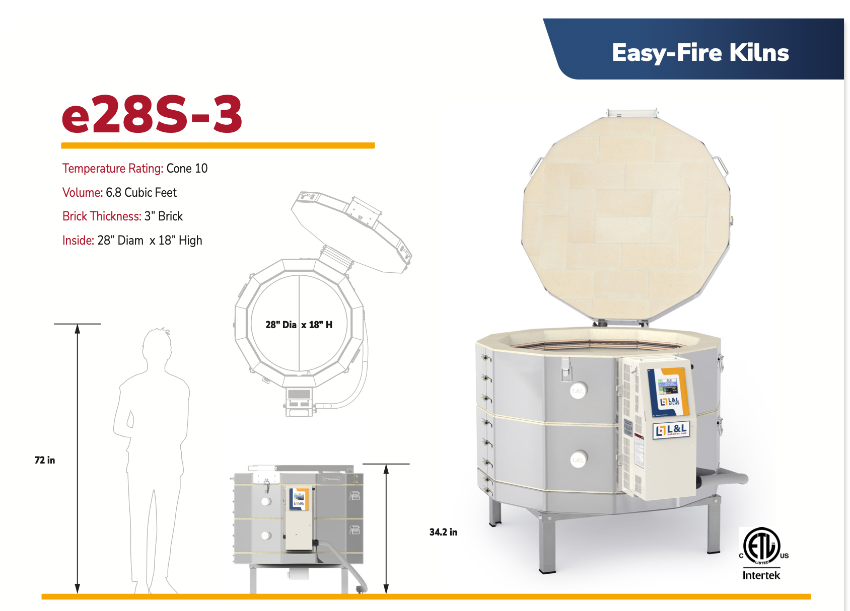Easy-Fire Kilns e28S-3 with dimensions and features on kiln size. 