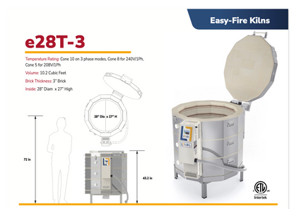 Easy-Fire Kilns e28T-3 with dimensions and features on kiln size. 