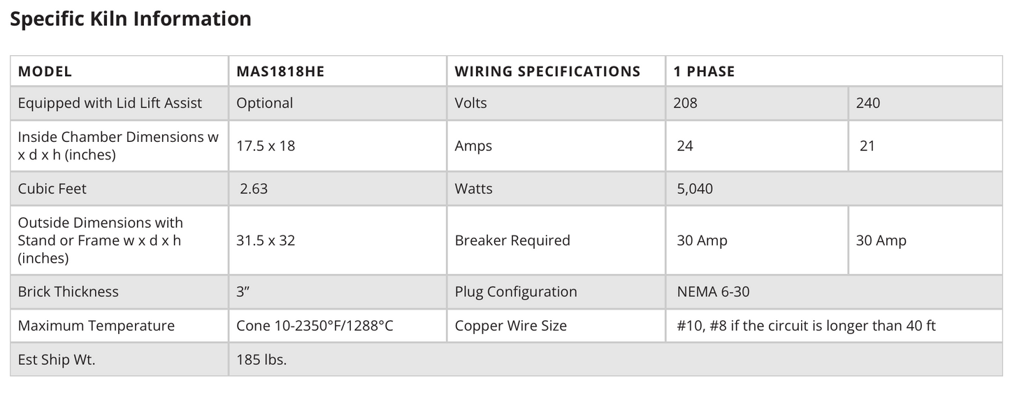 Olympic Kilns Medallion Series (MAS) are designed to save money with a green control box! All models are designed for high-fire Cone 10 and have 3" brick for energy consummation and efficiency.