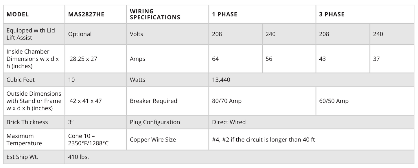Olympic Kilns Medallion Series (MAS) are designed to save money with a green control box! All models are designed for high-fire Cone 10 and have 3" brick for energy consummation and efficiency.