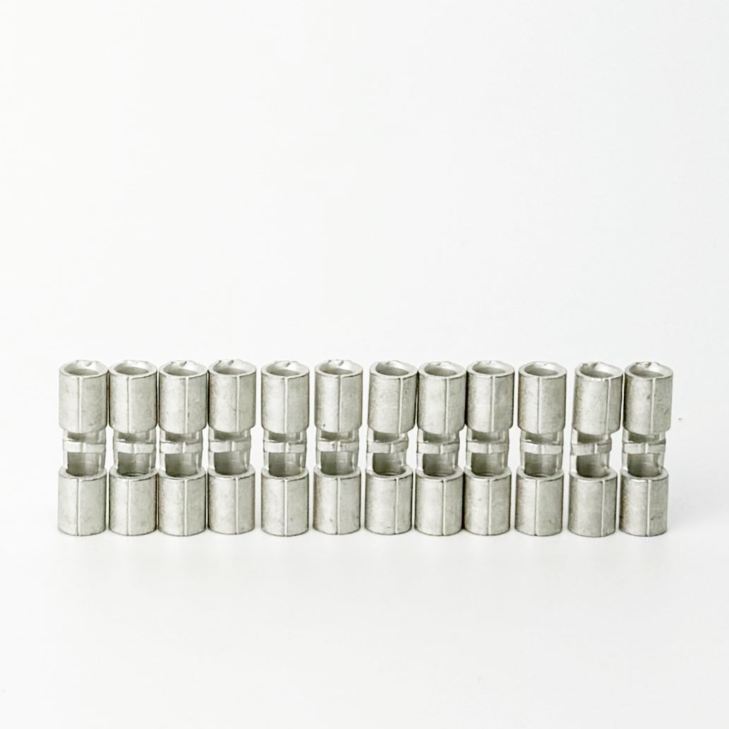 utt connectors commonly used on Skutt kilns where the element wire connects to the feeder wire feeder with a crimp connection. Set of twelve is enough for 3 section kilns.