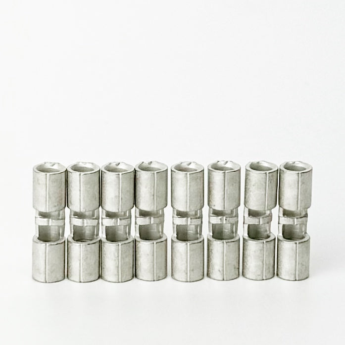 Butt connectors commonly used on Skutt kilns where the element wire connects to the feeder wire feeder with a crimp connection. Set of eight is enough for 2 section kilns.