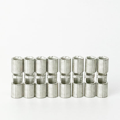 Butt connectors commonly used on Skutt kilns where the element wire connects to the feeder wire feeder with a crimp connection. Set of eight is enough for 2 section kilns.