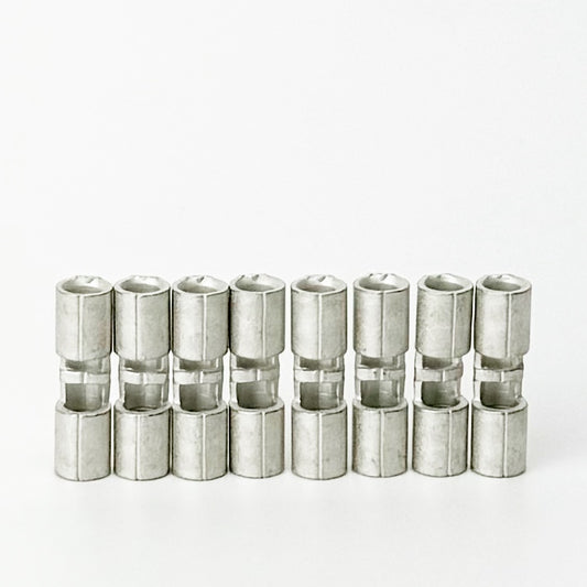 Butt connectors commonly used on Skutt kilns where the element wire connects to the feeder wire feeder with a crimp connection. Set of eight is enough for 2 section kilns.
