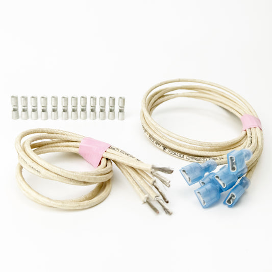 Feeder wiring harness kit for Skutt kilns KM1027/1227, including high temperature wire, butt connectors, jump wires, and main wires with tab connectors.