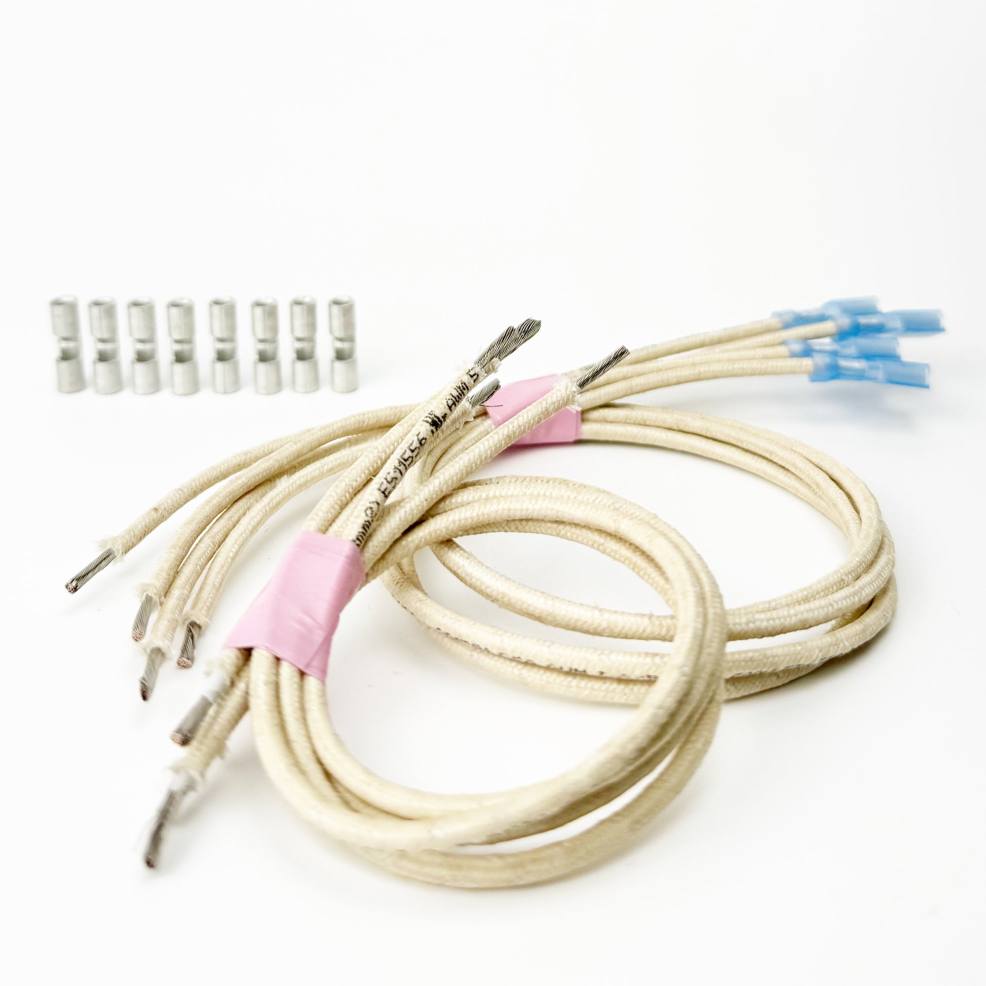 Feeder wring harness for Skutt kilns KM 1018/1218, including high-temperature wire, butt connectors, jump wires, and main wires with tab connectors.